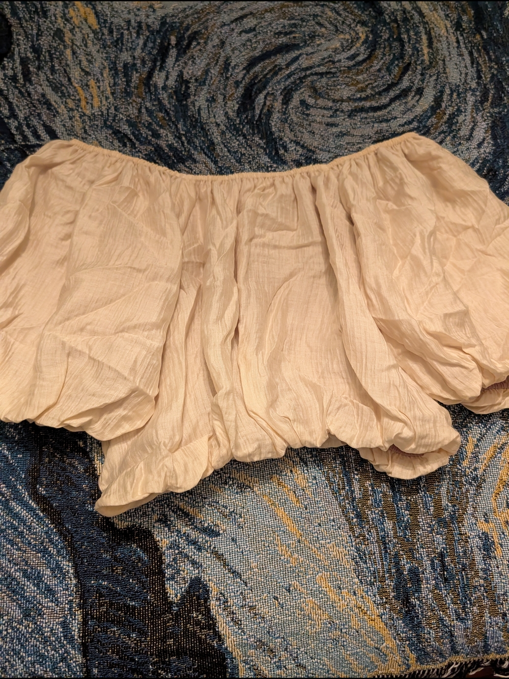 Oak And Fort Off-Shoulder Crinkle Bubble Top in Light Beige